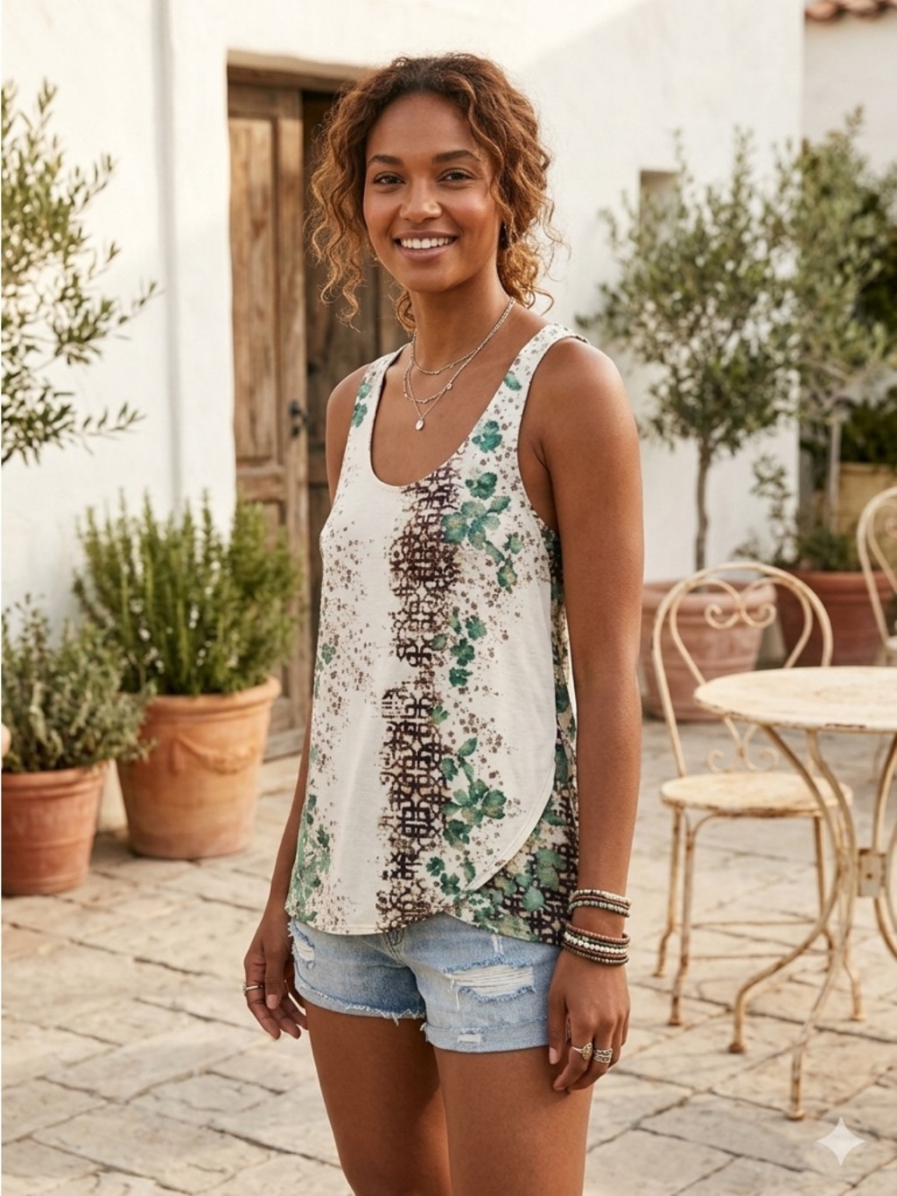 Anthropologie Deletta Floral Cream/green/purple Medium Tulip Hem Tank Top